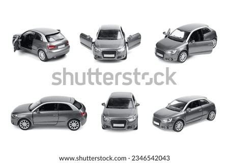 Silver car isolated on white, different angles. Collage design with children's toy