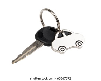 A Silver Car On A Key Ring Isolated On White Background