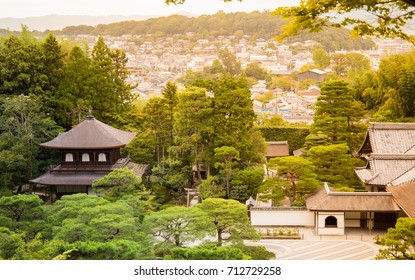 silver castle and view of kyoto city in ginkakuji temple, kyoto, japan.