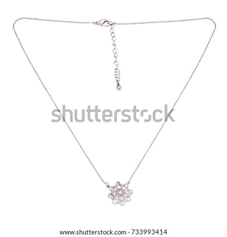 Silver chain necklace with pendent on the white background