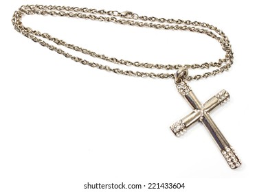 Silver Christian Cross Necklace Isolated On White