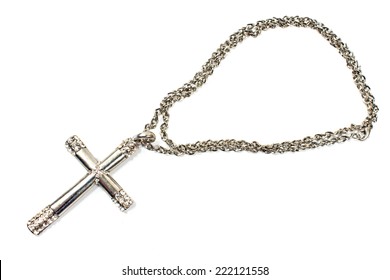 Silver Christian Cross Necklace Isolated On White