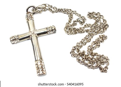 Silver Christian Cross Necklace Isolated On White