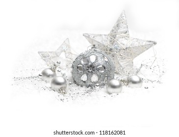 Silver Christmas Bauble On White Background