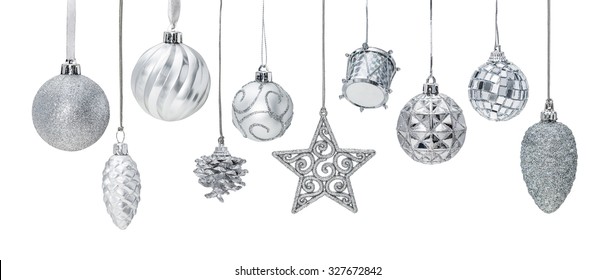 Silver Christmas New Year baubles for Christmas tree ornaments, pine, spruce, balls, stars, bells, pine cones, drums isolated on white - Powered by Shutterstock