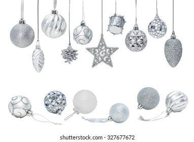 Silver Christmas New Year baubles for Christmas tree ornaments, pine, spruce, balls, stars, bells, pine cones, drums isolated on white - Powered by Shutterstock