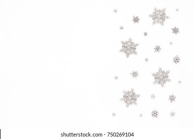 Silver Christmas Snowflake On White Background, Flat Lay, Top View, Christmas Pattern