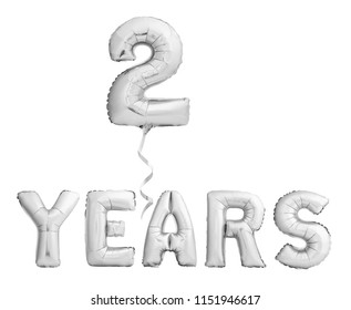 Silver chrome 2 years inscription made of inflatable party balloons with ribbon isolated on white background. Balloons for a holiday, wedding anniversary or birthday