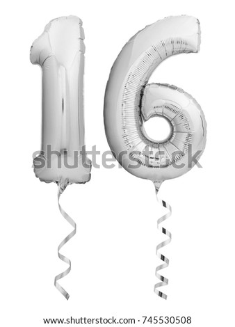 Silver chrome number 16 sixteen made of inflatable balloon with silver ribbon isolated on white background