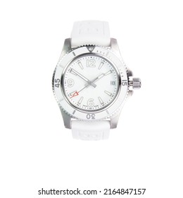 Silver Chronograph Watch with White Dial Isolated on White Background