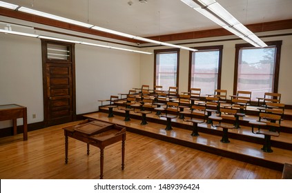 Silver City, New Mexico USA - July 30, 2019: An Old Science Classroom At Western New Mexico University’s Fleming Hall, From 1917 Preserves The Original Riser Seating From An Earlier Era Of College Edu