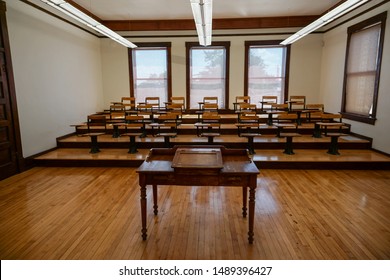 Silver City, New Mexico USA - July 30, 2019: An Old Science Classroom At Western New Mexico University’s Fleming Hall, From 1917 Preserves The Original Riser Seating From An Earlier Era Of College Edu