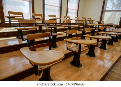 Silver City, New Mexico USA - July 30, 2019: An Old Science Classroom At Western New Mexico University’s Fleming Hall, From 1917 Preserves The Original Riser Seating From An Earlier Era Of College Edu