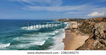 Silver Coast, Portugal beach with rocky cliffs, fauna, and sand dunes. 