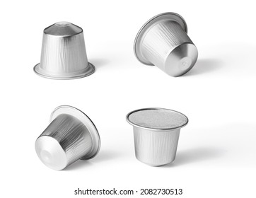 Silver coffee capsules, aluminium in various isolated positions with path
