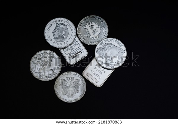 Silver coins and silver bars money investing            \
                  