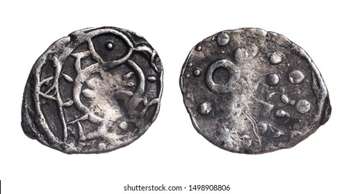 Silver coins of the Golden Horde. Macro. Isolated on white - Shutterstock ID 1498908806