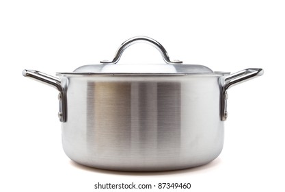 Silver Cooking Pot From Low Perspective Isolated On White.