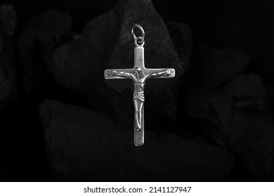 Silver Crucifix Necklace Cross On Pieces Of Coal
