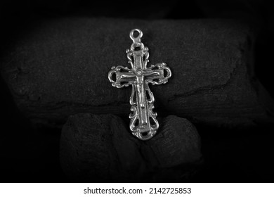 Silver Crucifix Necklace Cross On Pieces Of Coal
