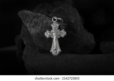 Silver Crucifix Necklace Cross On Pieces Of Coal
