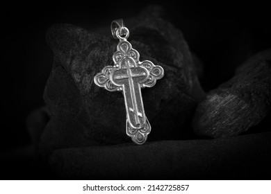 Silver Crucifix Necklace Cross On Pieces Of Coal
