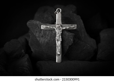 Silver Crucifix Necklace Cross On Pieces Of Coal
