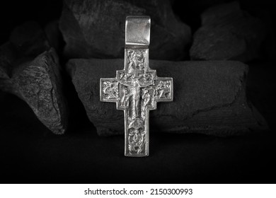 Silver Crucifix Necklace Cross On Pieces Of Coal
