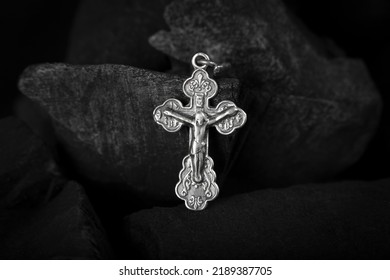 Silver Crucifix Necklace Cross On Pieces Of Coal
