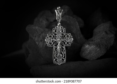 Silver Crucifix Necklace Cross On Pieces Of Coal
