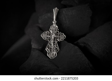 Silver Crucifix Necklace Cross On Pieces Of Coal
