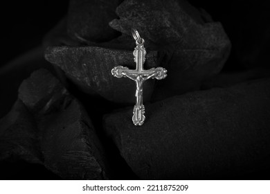 Silver Crucifix Necklace Cross On Pieces Of Coal
