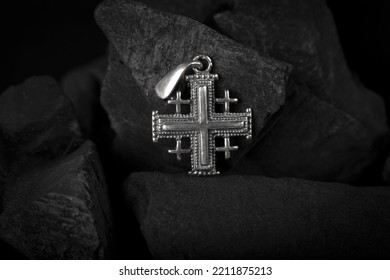 Silver Crucifix Necklace Cross On Pieces Of Coal
