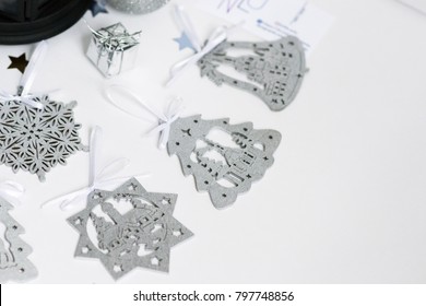silver decorations on the tree