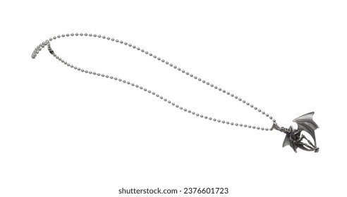 Silver devil bead style necklet fly in air. Silver metal necklace as gemstone for fashion ornament decorative items. Fashion ornament necklace to add more style. White background isolated