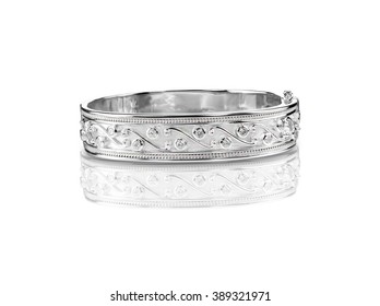 Silver Diamond Bangle Bracelet Isolated On White