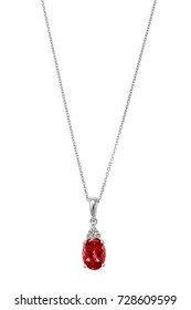 Silver Diamond Pendant Necklace With Red Precious Stone On White Background