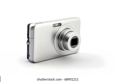 Silver Digital Compact Photo Camera Isolated On White Background