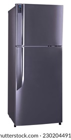 silver double door fridge Taken from several angles using a white background and some lighting in a photo studio room.