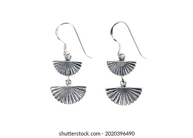 Silver Earring Fan Shape Design Isolated On White Background. Silver Two Fan Earrings Hanging With Hook Isolated