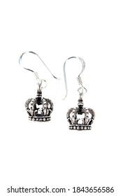 Silver Earring With King Crown Design Isolated On White Background. Pair Of Silver Earring Diadem Shape With Hook Style Isolated