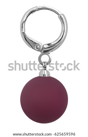 Silver earring with one big red round decoration, isolated on white background, clipping path included