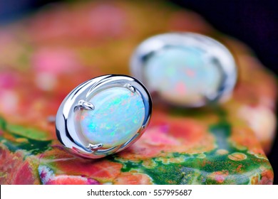 Silver Earrings With White Opal Stone Closeup