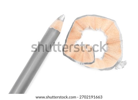 Silver eye pencil and shaving isolated on white, top view