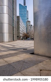 Silver Facades At A Modern City Plaza With Office Skyscrapers In The Background. Photo From Downtown Frankfurt.