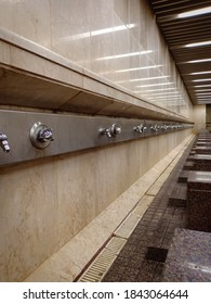 Silver Faucet In Ablution Or Wudhu Room At Mosque