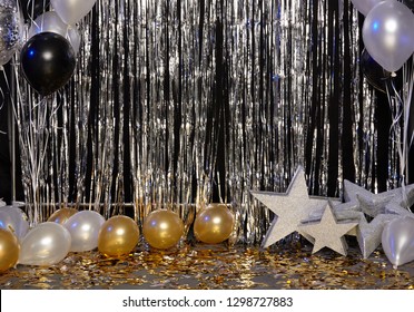 Silver Festive Background Balloons Stars Confetti Stock Photo (Edit Now ...