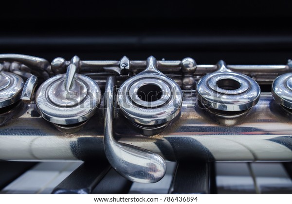 Silver flute on\
piano