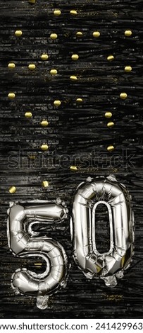Silver foil balloon number 50 on a background of black tinsel with gold confetti. Birthday card, inscription fiftieth. Anniversary event. Vertical banner. copy space.