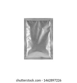 Silver Foil Blank metallic sachet bag isolated on white background. Packaging template mockup collection.
